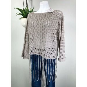 New Umgee Chunky Open Knit Cropped Fringe Sweater Top Womens‎ Size L Sheer Lilac